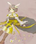  1girl animal_ears arch_bishop_(ragnarok_online) black_dress blue_eyes blush boots bow brown_background brown_boots brown_hair cleavage_cutout clothing_cutout commentary_request cross dormir_(challco) double_bun dress fishnet_thighhighs fishnets flower foot_out_of_frame frilled_thighhighs frills hair_bun juliet_sleeves long_sleeves looking_at_viewer puffy_sleeves rabbit_ears rabbit_girl ragnarok_online sash short_hair simple_background solo thighhighs two-tone_dress waist_bow white_dress white_flower white_thighhighs wide_sleeves yellow_sash 