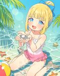  1girl :d animal assistant_(onyhakase) ball bare_legs barefoot beach beachball blonde_hair blue_bow blue_eyes blue_hair blush bow cupping_hands day frilled_one-piece_swimsuit frills full_body hair_bow hair_up holding holding_animal lens_flare looking_at_viewer multicolored_hair one-piece_swimsuit onyhakase open_mouth original outdoors own_hands_together pink_one-piece_swimsuit shell sitting smile solo starfish swimsuit two-tone_hair wariza water wet white_one-piece_swimsuit 