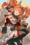  1girl :d angelina_(arknights) angelina_the_mellow_wish_(arknights) animal_ear_fluff animal_ears arknights bare_shoulders black_boots black_collar black_gloves black_hairband black_thighhighs boots box breasts brown_hair cardboard_box collar criss-cross_halter dated detached_sleeves double-parted_bangs dress fox_ears fox_girl gloves hair_between_eyes hairband halterneck hand_up headgear highres holding_own_hair infection_monitor_(arknights) long_hair looking_at_viewer one_eye_closed orange_eyes package pleated_dress pouch red_dress sleeveless sleeveless_dress small_breasts smile solo squatting thigh_strap thighhighs twintails very_long_hair white_dress you_yeyou0904 