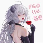  1girl absurdres ahoge anniversary backless_dress backless_outfit black_dress black_gloves commentary_request cup dress drinking_glass ear_piercing elbow_gloves fate/grand_order fate_(series) flower gloves hair_flower hair_ornament highres jeanne_d'arc_alter_(fate) looking_back penguintake piercing white_hair wine_glass yellow_eyes 