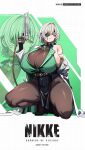  1girl absurdres armband bare_shoulders bear_boss belt black_shoes breasts clover commentary copyright_logo earrings eyepatch full_body gigantic_breasts goddess_of_victory:_nikke gold green_eyes green_lips green_nails grid_background gun hair_over_one_eye handgun high-waist_belt high_heels highres holding holding_gun holding_weapon jacket jacket_partially_removed jewelry kneeling logo looking_to_the_side makeup mascara multiple_views original pantyhose pelvic_curtain science_fiction shoes short_hair skindentation straight-on tally weapon white_jacket 