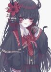  1girl armband black_capelet black_hair black_horns black_nails black_shirt black_skirt capelet collared_shirt commentary_request cracked_skin crown extra_eyes extra_horns fingerless_gloves flower gloves hair_flower hair_ornament highres horns layered_skirt long_hair long_sleeves looking_at_viewer mahou_shoujo_no_majo_saiban mini_crown necktie nikaido_hiro overskirt plaid_clothes plaid_necktie plaid_skirt pleated_skirt red_armband red_eyes red_flower red_necktie red_skirt shirt side_capelet simple_background single_sleeve_past_fingers skirt smile snake_hair snake_hair_ornament solo spoilers tkugane white_background white_gloves white_shirt witch_(manosaba) 