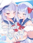 blue_eyes blue_hair commentary_request hair_between_eyes highres hug long_hair navel ongeki red_eyes ribbon sailor_collar siblings sisters sumeragi_setsuna suzushima_arisu tarte0x0 white_hair 