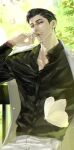  1boy absurdres black_hair black_sclera black_shirt bug butterfly cigarette coat colored_sclera eterorca highres holding holding_cigarette lookism male_focus park_jong-geon scar scar_on_face shirt short_hair smoking solo trench_coat very_short_hair white_coat white_eyes 