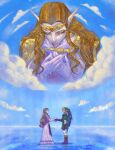  1boy 1girl absurdres blonde_hair brown_hair champion's_tunic_(zelda) commentary crying dress english_commentary gerudo green_tunic highres holding holding_instrument holding_ocarina hylian_(ocarina_of_time) hylian_shield instrument link littleaubade long_dress long_hair master_sword ocarina pointy_ears princess princess_zelda shield shield_on_back the_legend_of_zelda the_legend_of_zelda:_ocarina_of_time triforce tunic 