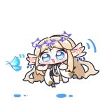  1girl barefoot blonde_hair blue_butterfly blue_eyes bug butterfly cartethyia_(wuthering_waves) chibi chibi_only commentary_request dress ear_wiggle facial_mark flapping flying highres long_hair looking_ahead midair motion_lines open_mouth parted_bangs pointy_ears simple_background solo syurikenmaru tacet_mark_(wuthering_waves) very_long_hair white_background wuthering_waves 