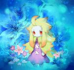  1girl blue_flower capelet closed_mouth colored_skin commentary_request deformed dress flower forehead green_capelet green_hair long_hair looking_at_viewer multicolored_hair orange_hair pink_flower purple_dress red_eyes red_flower sei_mutsuki sekaiju_no_meikyuu sekaiju_no_meikyuu_1 sirar_(sekaiju) solo standing two-tone_hair 