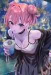  1girl absurdres aquarium blush breasts camisole cleavage collarbone commentary_request cup drink drinking_straw fish_tank hair_bun highres holding holding_cup holding_drink jacket jewelry large_breasts looking_at_viewer necklace official_artist_extra open_mouth pink_hair ponkan_8 skirt solo white_camisole yahari_ore_no_seishun_lovecome_wa_machigatteiru. yuigahama_yui 
