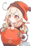  1girl ahoge backpack bag blonde_hair brown_gloves brown_scarf closed_mouth clover_print coat commentary genshin_impact gloves hair_between_eyes hat hat_feather hat_ornament highres holding holding_unworn_clothes holding_unworn_hat klee_(genshin_impact) long_hair low_twintails nekot0_sabu newsboy_cap pointy_ears randoseru red_coat red_eyes red_hat scarf sidelocks simple_background solo twintails unworn_hat unworn_headwear upper_body white_background 