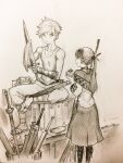  1boy 1girl apple armpit_crease bandaged_arm bandaged_leg bandages bare_shoulders belt blush boots capelet choker cleaning cleaning_weapon closed_mouth collarbone commentary_request earrings feet_out_of_frame flip-flops food from_behind frown fruit full_body graphite_(medium) hair_ribbon hand_up highres holding holding_food holding_fruit holding_sword holding_towel holding_weapon jewelry jun_(navigavi) long_hair long_sleeves looking_at_another looking_at_viewer mole mole_under_eye monochrome multiple_swords open-toe_shoes original pants paper_background photo_(medium) ponytail ribbon sandals scabbard sheath shirt short_hair sitting sketch skirt smile standing sword tank_top toes towel traditional_media weapon 