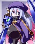  1girl armor black_leggings coat commentary_request hair_between_eyes hand_on_own_stomach hat kugelschreiber leggings mechanical_wings open_clothes open_coat open_mouth pauldrons pregnant purple_coat purple_eyes purple_hair purple_hat sekaiju_no_meikyuu sekaiju_no_meikyuu_3 shoulder_armor single_pauldron solo standing star_(symbol) wings zodiac_(sekaiju) zodiac_2_(sekaiju) 
