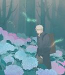  1boy backpack bag bare_tree black_coat blue_flower cigarette coat commentary_request flower ginko_(mushishi) hair_over_one_eye highres hydrangea looking_at_viewer male_focus mi_(rokudenashi) mushishi outdoors pink_flower short_hair smoking solo tree 