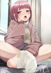  1girl absurdres bare_legs blurry blurry_background blush bob_cut brown_eyes commentary_request eyelashes feet foot_focus full_body grey_shirt grey_skirt highres indian_style jacket long_sleeves looking_at_viewer maburoku medium_hair no_shoes open_clothes open_jacket open_mouth original pink_hair pink_jacket pink_nails shirt sidelocks signature sitting skirt socks soles solo twitter_username white_socks 