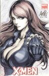  1girl avengers_(series) black_bodysuit black_widow bodysuit breasts cleavage closed_mouth collarbone commentary cover_sketch english_commentary large_breasts long_hair looking_at_viewer marker_(medium) marvel natasha_romanoff photo_(medium) red_hair signature solo stanley_lau traditional_media upper_body 