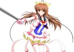  1girl 2000s_(style) ahoge blush breasts brown_eyes brown_hair choker cleavage clenched_teeth elbow_gloves game_asset gloves headphones holding holding_sword holding_weapon large_variant_set long_hair magical_girl mahou_senshi_(series) mahou_senshi_symphonic_knights medium_breasts navel non-web_source official_art parted_lips saitou_natsuki self-datamine simple_background skirt solo sword symphonic_lily tachi-e teeth thighhighs transparent_background variant_set weapon yurise_ririna zettai_ryouiki 