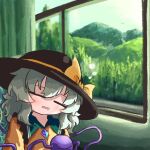  1girl black_hat bow buttons closed_eyes collared_shirt commentary_request curtains diamond_button disembodied_linked_eye drooling eyeball facing_viewer frilled_shirt_collar frills green_hair hat hat_bow heripantomorrow indoors komeiji_koishi long_hair open_mouth saliva shirt sleeping solo squeans touhou window yellow_bow yellow_shirt 