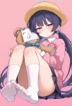  1girl absurdres ageplay blue_archive closed_mouth commentary convenient_leg doodle_sensei_(blue_archive) dot_mouth feet flower_pin foot_focus grey_eyes grey_halo hair_bobbles hair_ornament hairband half-closed_eyes halo hat hi_mi_zu highres holding holding_stuffed_toy kindergarten_uniform kisaki_(blue_archive) kisaki_(kindergarten_uniform)_(blue_archive) kneehighs knees_up legs_up light_blush low_twintails name_tag panties pantyshot pink_background pink_shirt pleated_skirt plum_blossom_garden_uniform_(blue_archive) school_hat sensei_(blue_archive) shirt simple_background sitting skirt socks stuffed_animal stuffed_toy teddy_bear toes translated twintails underwear upskirt white_panties yellow_hat 