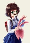  anocco backpack bad_id bad_pixiv_id bag brown_hair child facial_hair fake_facial_hair fake_mustache funny_glasses glasses green_eyes highres mustache original randoseru short_hair simple_background skirt solo stuffed_animal stuffed_bunny stuffed_toy white_background 