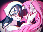  2girls alien_stage bandana black_hair bow commentary gloves hair_bow highres long_hair microphone mizi_(alien_stage) mizi_(zombie_stage) multiple_girls parted_lips pink_hair purple_eyes smile sua_(alien_stage) sua_(zombie_stage) utachoko white_bandana white_gloves yuri zombie_stage 