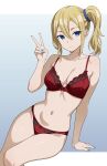  1girl absurdres arm_support blonde_hair blue_eyes blue_nails blue_scrunchie bow bow_panties bra breasts collarbone commentary_request english_commentary hair_between_eyes hair_ornament hair_scrunchie hand_up hayasaka_ai highres kaguya-sama_wa_kokurasetai_~tensai-tachi_no_renai_zunousen~ large_breasts lingerie looking_at_viewer mixed-language_commentary navel paid_reward_available panties parted_lips patreon_logo patreon_username red_bra red_panties scrunchie side_ponytail sitting solo thighs underwear underwear_only v variant_set vodka13 web_address white_mouth 