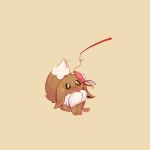  +_+ animal_focus artist_name blush brown_eyes brown_fur cat_teaser commentary eevee full_body happy highres looking_up mew_mew_chikorita_moon motion_lines no_humans open_mouth playing pokemon pokemon_(creature) simple_background sitting smile solo sparkling_eyes toy yellow_background 