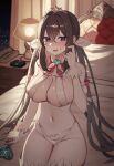  1girl absurdres bare_shoulders bed bikini blue_eyes blush bow bowtie braid breasts brooch brown_hair cleavage commentary_request counter:side detached_sleeves hair_between_eyes hair_ribbon hand_up highleg highleg_bikini highres holding holding_wand jewelry jinggun korean_commentary large_breasts long_hair looking_at_viewer navel on_bed open_mouth ribbon short_sleeves sitting skindentation solo stomach string_bikini sweatdrop swimsuit thighhighs thighs tiara twintails very_long_hair wand white_bikini white_thighhighs yeonhwa_(counter:side) 