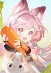  1girl :d absurdres animal_ears arknights blush carrot chinese_commentary commentary_request english_commentary fingerless_gloves food gloves hair_intakes hair_ornament highres holding holding_food jacket kurokami_nekoya long_hair looking_at_viewer mixed-language_commentary open_mouth orange_gloves partial_commentary pink_eyes pink_hair smile solo sparkle stuffed_animal stuffed_toy teeth thumpy_(arknights) upper_body upper_teeth_only white_jacket 