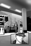  1boy absurdres andrei_kuevas_(truck_and_traveler) bags_under_eyes baseball_cap black_hat box_truck commission commissioner_upload gas_station gb_(doubleleaf) glasses hat highres jacket kamaz monochrome motor_vehicle night non-web_source official_art sad short_hair truck truck_and_traveler 
