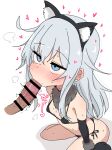  1boy 1girl ame_(amechan17391739) animal_ears animal_hands bar_censor blue_eyes blush breasts cat_ears censored commentary_request fellatio fur_trim gloves hair_between_eyes hibiki_(kancolle) highres kantai_collection long_hair oral paw_gloves penis simple_background sitting small_breasts wariza white_background white_hair 
