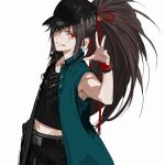  1boy baseball_cap belt black_belt black_hair black_hat black_pants black_shirt coat crop_top fate/grand_order fate_(series) green_coat hair_ribbon hat high_ponytail highres long_hair male_focus oda_kippoushi_(fate) oda_nobunaga_(fate) official_artist_extra one_eye_covered pako_(pakosun) pants ponytail red_eyes red_ribbon ribbon shirt simple_background sleeveless sleeveless_coat sleeveless_shirt solo white_background wide_ponytail wristband 