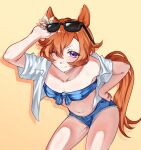  1girl absurdres animal_ears arms_up bra breasts commentary eyes_visible_through_hair eyewear_on_head hfcs_is_back highres horse_ears leaning_forward open_clothes orange_hair purple_eyes shorts simple_background small_breasts smile solo sunglasses t.m._opera_o_(umamusume) tail umamusume underwear untranslatable_commentary 