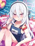  1girl absurdres alternate_costume black_hairband blue_archive blue_one-piece_swimsuit blush commentary_request crab hair_between_eyes hairband half_updo halo highres innertube kei_(blue_archive) kei_(student)_(blue_archive) long_hair_between_eyes looking_at_viewer loosely_tucked_bangs mikoshi_(user_wvyd4348) name_tag old_school_swimsuit on_innertube one-piece_swimsuit pink_eyes pink_halo rectangular_halo ringed_eyes school_swimsuit solo swim_ring swimsuit white_hair 