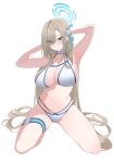  1girl absurdres arm_behind_head asuna_(blue_archive) bare_arms bare_legs bare_shoulders bikini blonde_hair blue_archive blue_eyes blue_halo breasts commentary full_body grin halo highres huge_breasts long_hair looking_at_viewer navel one_eye_covered sifffl simple_background smile solo stomach swimsuit thigh_strap very_long_hair white_background white_bikini 