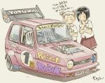  2girls black_eyes black_hair black_ribbon bob_cut brown_hair car closed_mouth commentary grey_background hand_on_own_chin hand_on_own_elbow katsura_himeko kuroe_tsubaki motor_vehicle multiple_girls neck_ribbon pleated_skirt race_vehicle racecar red_skirt reliant_motors reliant_robin ribbon sailor_collar school_uniform sekihan shirt short_twintails signature simple_background skirt spoiler_(automobile) standing three-wheeler translation_request twintails vehicle_focus vehicle_name white_sailor_collar white_shirt zesshaka!_shiritsu_yotsuwa_joshi_gakuin_zetsumetsu_kigu-sha_gakka 