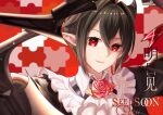  1girl absurdres arknights ascot black_hair chinese_commentary collared_shirt commentary_request english_text entelechia_(arknights) flower hair_between_eyes hair_horns hair_intakes highres jigsaw_puzzle light_smile looking_at_viewer mole mole_under_eye neck_flower parted_lips partial_commentary pointy_ears puzzle red_background red_eyes red_flower red_rose rose shirt short_hair solo white_ascot ye_yu_ji_bei 