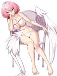  1girl alternate_costume barefoot bikini chair commentary_request feet highres looking_at_viewer medium_hair midriff on_chair pero_(pero7762) pink_hair purple_eyes remielle_dan simple_background sitting smile solo swimsuit toes wariza white_background white_bikini white_wings wings zenless_zone_zero 