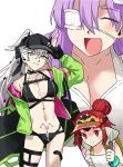  3girls apron bare_shoulders baseball_cap beni-enma beni-enma_(swimsuit_berserker)_(second_ascension) bikini black_bikini black_hat blush body_markings breasts chaldea_nankai_dai_kessen choker cleavage closed_eyes commentary_request crossed_bangs demon_girl demon_horns eyepatch fate/grand_order fate_(series) giant giantess green_eyes green_jacket grey_hair hair_between_eyes hair_bun hat highres horns house_tag_denim jacket kingprotea_(fate) kingprotea_(swimsuit_mooncancer)_(first_ascension)_(fate) lilith_(fate) lilith_(swimsuit_rider)_(first_ascension)_(fate) long_hair long_sleeves looking_at_viewer medium_breasts multicolored_jacket multiple_girls navel off_shoulder open_mouth parted_bangs pink_jacket pointy_ears ponytail purple_hair red_eyes red_hair small_breasts smile stomach_tattoo swimsuit tattoo thighs two-tone_jacket very_long_hair visor_cap white_apron white_bikini 