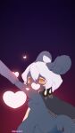  2others animal_ears arm_up artist_name black_cape black_fur black_skin blush body_fur cape colored_eyelashes colored_skin commentary covered_mouth earrings furry glowing gradient_background hair_between_eyes heart highres jewelry light_blush mew_mew_chikorita_moon multiple_others orange_eyes original other_focus outstretched_arm purple_background reaching reaching_towards_another red_background short_hair sky:_children_of_the_light solo tail white_hair 