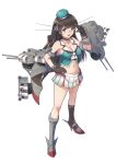  1girl adapted_turret anti-aircraft_gun beret black_gloves black_hair blush breasts cannon choukai_(kancolle) choukai_kai_ni_(kancolle) cleavage commentary_request covered_nipples full_body glasses gloves hair_ornament hat headgear kantai_collection large_breasts long_hair looking_at_viewer mast medium_breasts midriff moke_ro navel neckerchief pleated_skirt red_eyes rigging rimless_eyewear rudder_footwear sailor_collar ship_turret skirt sleeveless smile smokestack solo 