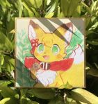  :d animal animal_focus blush collar commentary_request fox green_eyes hand_up highres leaf looking_at_viewer no_humans open_mouth original po!_(popoemo) red_collar shikishi smile solo traditional_media 