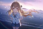  1girl ahoge alternate_costume arms_behind_back backlighting beach beamed_eighth_notes blonde_hair bloom blue_ribbon blue_shorts blurry blurry_background cloud cloudy_sky collarbone collared_shirt commentary dawn depth_of_field dot_nose double-parted_bangs eighth_note feet_out_of_frame floating_hair gold_trim gradient_hair hair_intakes hair_ornament hair_ribbon highres hololive hololive_dev_is lens_flare light_smile long_hair looking_at_viewer mitoha multicolored_hair musical_note musical_note_hair_ornament neck_ribbon ocean orange_hair otonose_kanade outdoors red_eyes revision ribbon sand shirt short_sleeves shorts sidelocks sky solo sparkle two-tone_hair untranslatable_commentary very_long_hair virtual_youtuber water waves white_shirt wind 
