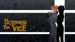  black_bodysuit blue_gloves blue_jacket bodysuit brown_eyes brown_hair city_lights cityscape cropped_jacket drinking_straw english_text gloves highres jacket juice_carton kei_sakuragi official_art pixel_art short_hair standing the_scramble_vice 