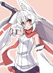  1girl animal_ears bare_shoulders black_skirt closed_mouth commentary_request detached_sleeves elbow_gloves fang fingerless_gloves gloves highres holding holding_sword holding_weapon huge_weapon inubashiri_momiji kuro-ekaki looking_at_viewer outline red_eyes red_scarf scarf short_hair skin_fang skirt solo sword tail touhou weapon white_hair white_outline white_sleeves wolf_ears wolf_girl wolf_tail yellow_background 