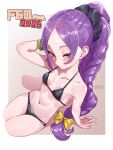  1girl arm_behind_head bikini black_bikini black_scrunchie bow bracelet braid braided_ponytail commentary_request eyes_visible_through_hair fate/grand_order fate_(series) hair_bow hair_ornament hair_scrunchie highres jewelry niwaikanai ponytail purple_eyes purple_hair scrunchie sitting smile solo sweat swimsuit wu_zetian_(fate) yellow_bow 