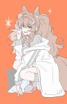  1girl :d angelina_(arknights) animal_ears arknights blush_stickers brown_hair coat collar commentary extra_ears flat_color fox_ears fox_girl fox_tail full_body grey_collar grey_shirt grey_shoes grey_socks hairband highres holding holding_paper_airplane hood hood_down hooded_coat long_hair long_sleeves looking_at_viewer multicolored_hairband open_clothes orange_background orange_eyes osakaaymu paper_airplane red_hairband shirt shoes simple_background single_blush_sticker single_off_shoulder smile socks solo squatting striped_clothes striped_hairband tail twintails two-tone_hairband white_coat 
