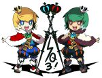  2boys blue_shorts capelet commentary_request crown dual_persona full_body fur-trimmed_capelet fur_trim gold_crown holding holding_scepter l_(matador) mini_crown multiple_boys official_alternate_color open_mouth outstretched_arms scepter sekaiju_no_meikyuu sekaiju_no_meikyuu_3 shadow short_hair shorts silver_crown smile sovereign_(sekaiju) sovereign_1_(sekaiju) spread_arms standing star-shaped_pupils star_(symbol) symbol-shaped_pupils 