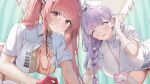  2girls absurdres adjusting_hair azur_lane bent_over black_choker blush braid breasts center_opening choker cleavage collared_dress commentary_request curtains dated dress earrings eyelashes flower-shaped_pupils flower_hairclip garter_straps gloves hair_ornament hat heart heart_in_eye highres huge_breasts id_card indoors infirmary jewelry lanyard long_hair looking_at_viewer multicolored_hair multiple_girls nurse nurse_cap open_mouth parted_lips perseus_(azur_lane) perseus_(unfamiliar_duties)_(azur_lane) pink_eyes pink_gloves pink_hair pink_lips plymouth_(an_angelic_physical)_(azur_lane) plymouth_(azur_lane) puki_putaro short_sleeves signature smile streaked_hair symbol-shaped_pupils symbol_in_eye thighhighs thighs twintails white_dress white_garter_straps white_gloves white_hat white_thighhighs winged_hat 