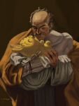  1boy 1other ^_^ bald cape chiikawa closed_eyes conquest_(invincible) facial_hair fine_art_parody garfified grey_hair highres invincible_(series) looking_at_another mustache open_mouth parody short_hair smile usagi_(chiikawa) very_short_hair yellow_cape 