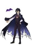  1boy ascot bat_(animal) belt black_coat black_hair black_pants black_vest boots bungou_stray_dogs bungou_stray_dogs:_mayoi_inu_kaikitan closed_eyes coat coat_on_shoulders edogawa_ranpo_(bungou_stray_dogs) full_body game_asset hair_between_eyes hand_on_own_hip lace-up_boots long_sleeves male_focus mask masquerade_mask official_alternate_costume official_art pants purple_ascot shirt short_hair smile solo spider_web_print standing third-party_source torn_clothes transparent_background vest 