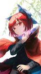  1girl absurdres artist_name black_shirt blue_bow bow cloak closed_eyes commentary_request disembodied_head hair_bow highres leaf mituba_ooka pleated_skirt red_cloak red_eyes red_hair red_skirt ribbon-trimmed_bow ribbon-trimmed_shirt ribbon_trim sekibanki shirt short_hair skirt solo touhou tree twitter_username 